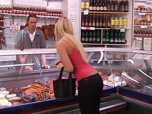 Slut college girl in butcher shop