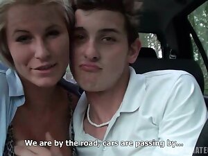 Mature lass with her young lover having a nice time on weekend