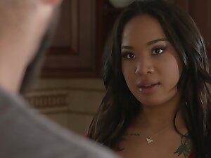 Seductive brunette, Honey Gold likes to ride dick in the kitchen, instead of making lunch