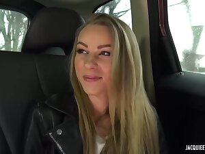 French blonde with small tits is sucking a rock hard dick and getting cum on her face
