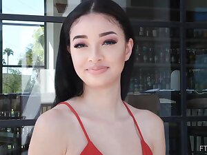 Skinny teen 18+ in a red dress, Scarlet Chicagoon is drilling her tight pussy with a huge dildo