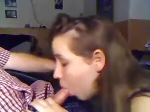 Cute brunette girl closeup deepthroat blowjob with cum swallowing
