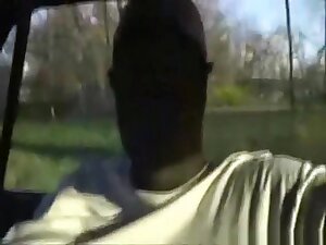 Fat ebony girl with huge boobs bounces them around and sucks her bf's cock in public in his car