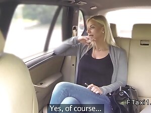 Huge tits blonde sucks big cock in fake taxi in public