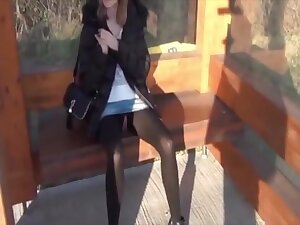 college girl public sex in pantyhose at the bus stop