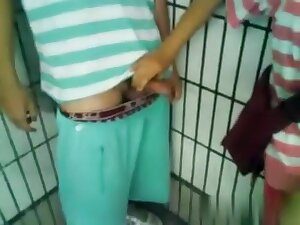 Horny gal jerking me off in the public lavatory
