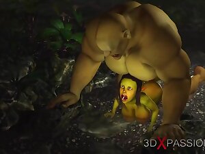 Green monster Ogre fucks hard a horny female goblin Arwen in the enchanted forest