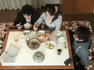 Japanese stepmom fucks Step son under table
