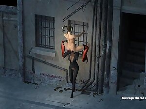 Catwoman shows harley's pretty kitty a little attention