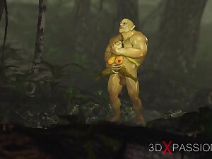 Horny female goblin Arwen and Green monster Ogre in the enchanted forest