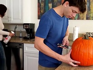 Step brother drilling horny Step sister and fills her tight pussy with cum while Step mother cleans up in the kitchen