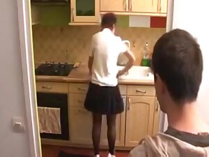 French mature wife fucked on the floor of her kitchen